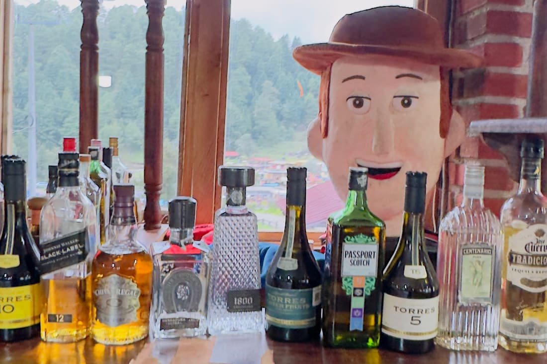 Barra de madera con botellas frente a la ventana