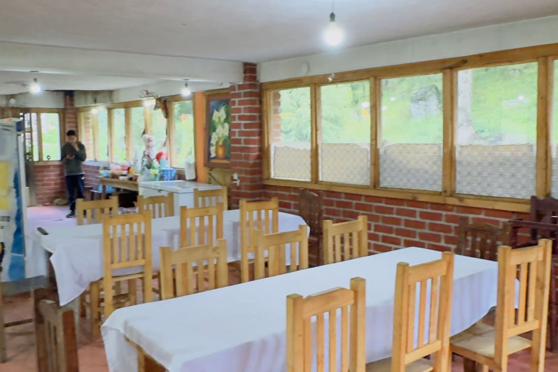 Salón techado con mesas largas y ventanales al bosque