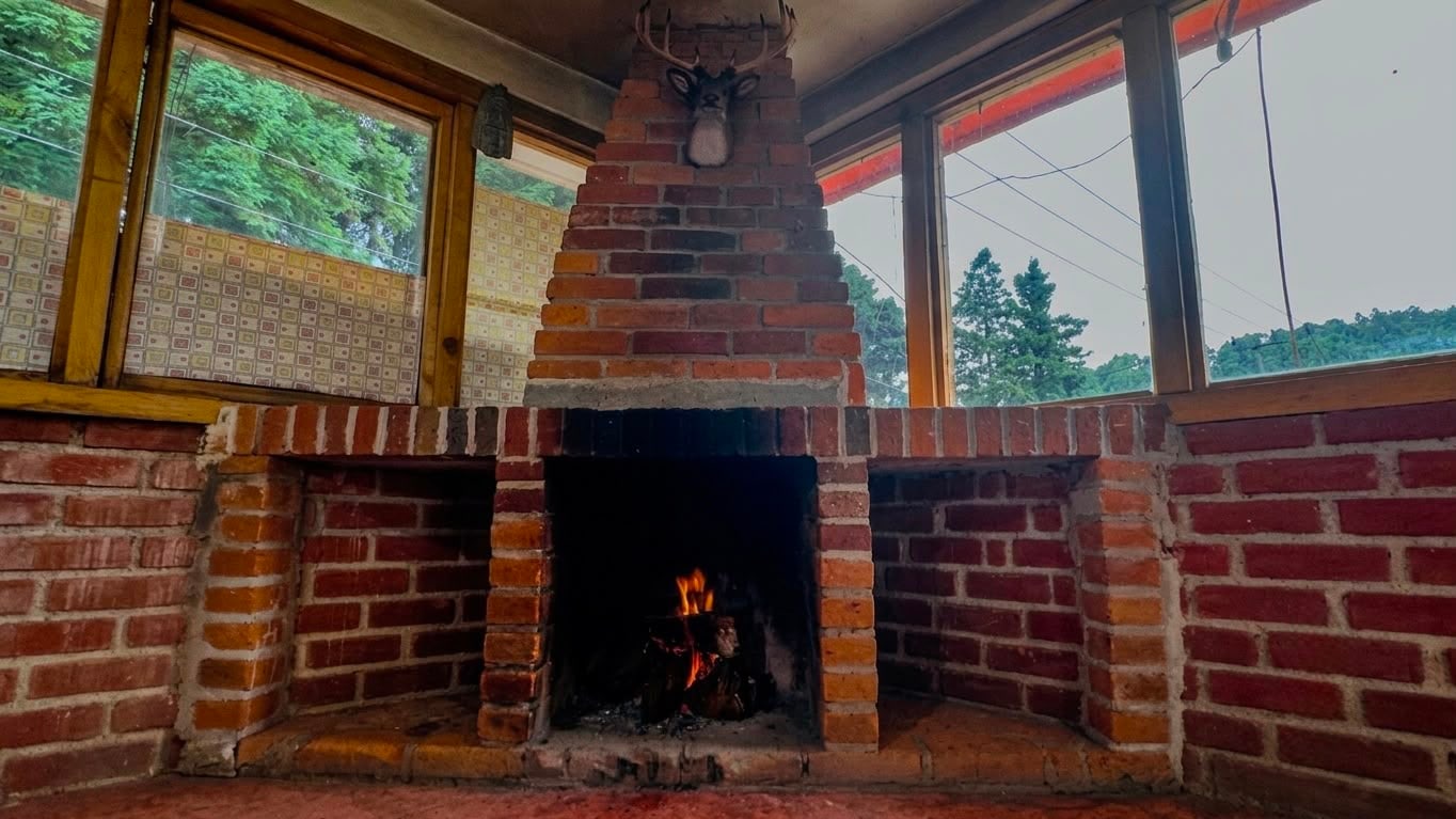 Chimenea de ladrillo con leña encendida dentro del salón